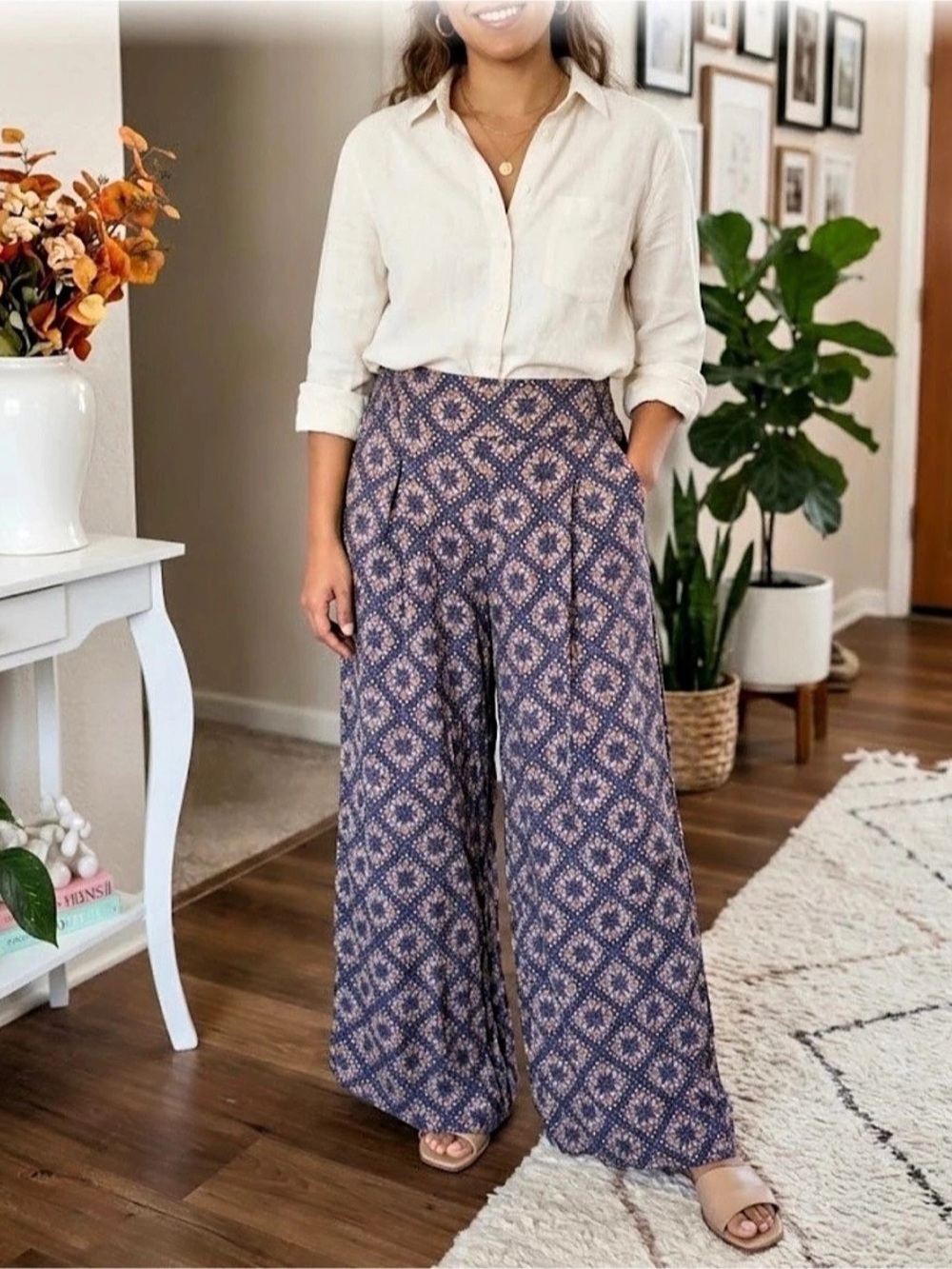 Geometric Wide Leg Pants in Blue & Brown
